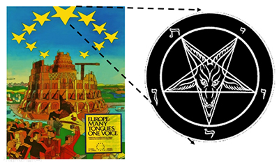 Il volantino pubblicitario dell’Europa Unita del 1999, poi censurato per i richiami satanici. Si noti la Torre di Ba-bele e le 13 stelle (i 13 Stati fondatori) a forma di testa di caprone (simbolo di supremazia satanica)