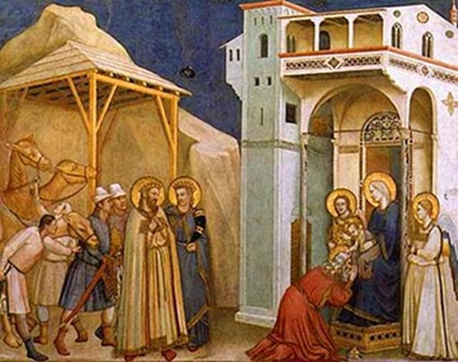 Giotto «Adorazione dei Magi» «Entrati nella casa videro il Bambino con Maria sua madre e prostratisi lo adorarono» (Matteo 2, 1-12). [Gesú salomonico].