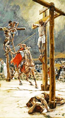 Longino colpisce Gesú in croce