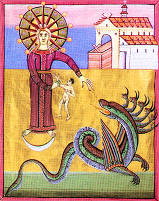 Il Drago minaccia la “Donna vestita di Sole” – dall’Apocalisse di Bamberga.