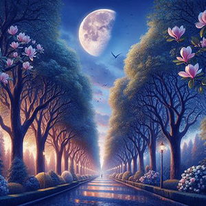Viale con alberi e luna