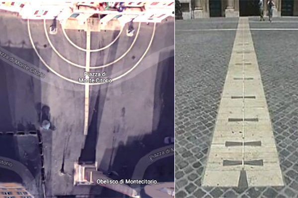 Piazza di Montecitorio con obelisco, linea meridiana restaurata e non allineata e la Menorah ebraica tracciata sull’ingresso del palazzo